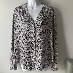 Boden Women US 12 White/Blue Annora Long Sleeve Button Up Blouse V-Neck